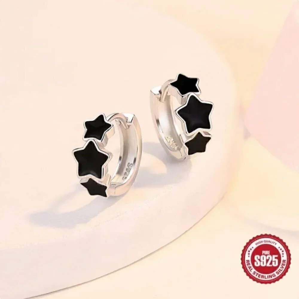 NWT Stars Hoop Huggie Earrings S925 Sterling Silver Triple Black Minimalist